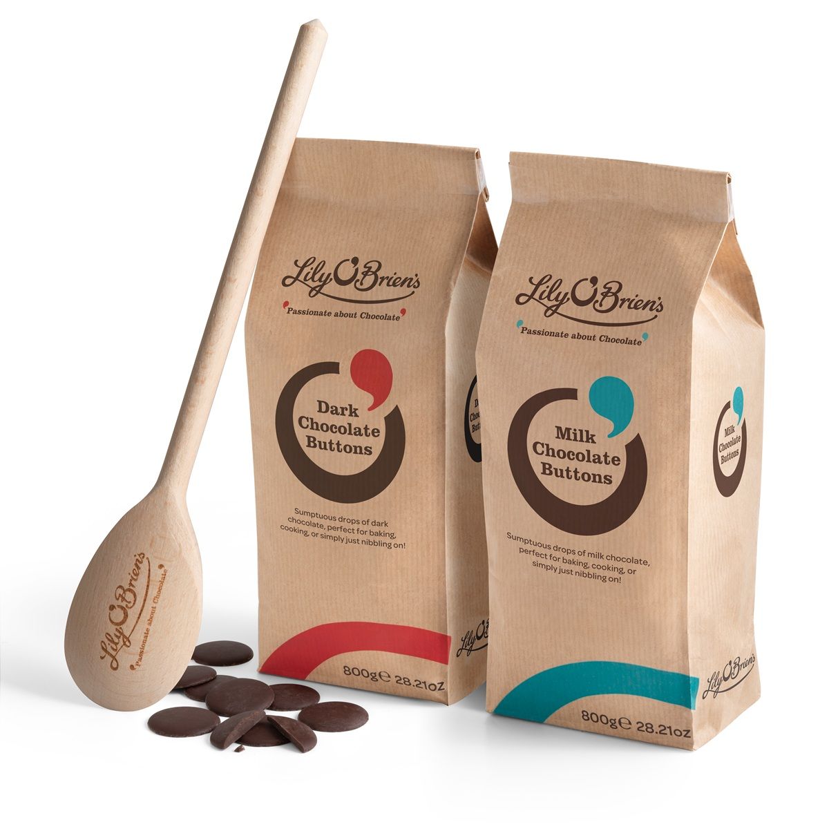 Lily O'Brien's Milk & Dark Chocolate Baking Drops with Wooden Spoon.